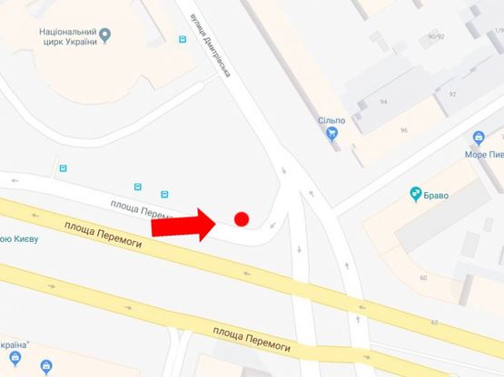 Схема рекламної площини за адресою Победы пл., 2, возле Цирка, в сторону бул. Шевченка