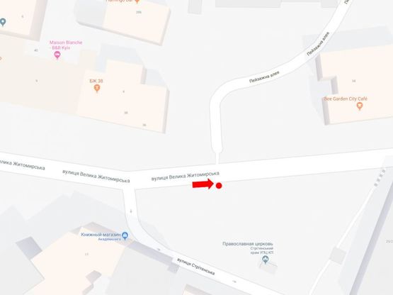 Схема рекламної площини за адресою Б. Житомирская ул., 33 / ул. Стретинская, в сторону ул. Крещатик