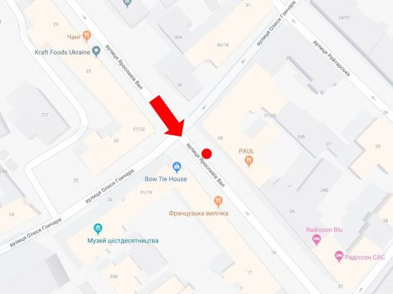 Схема рекламної площини за адресою Ярославов Вал ул., 28, возле кафе "Paul" и отеля "Radisson Blu", в сторону Владимирская ул.