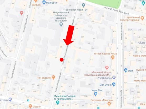 Схема рекламної площини за адресою Владимирская ул., 70, Университет Пищевых Технологий, в сторону ул. Саксаганского