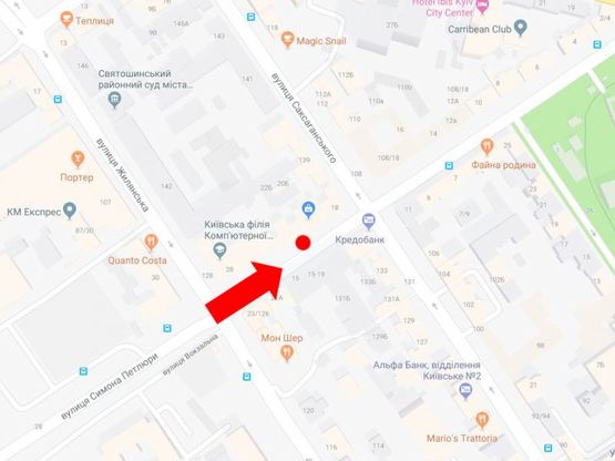 Схема рекламной плоскости по адресу Петлюры ул., 28 / ул. Жилянская, в сторону ул. Саксаганского