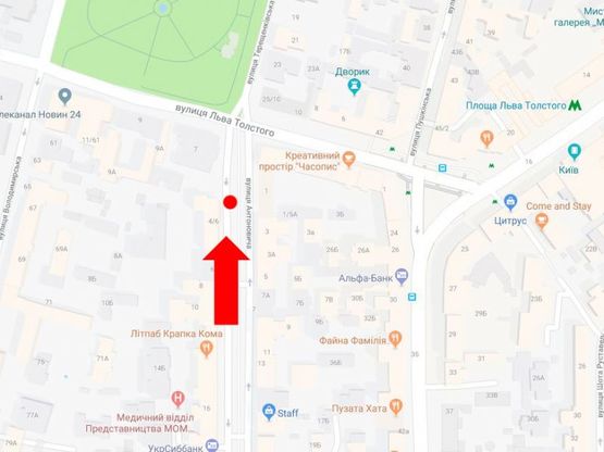 Схема рекламної площини за адресою Антоновича ул. (бывш. Горького ул.), 4/6, в сторону парка Шевченко