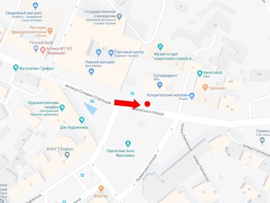 Схема рекламной плоскости по адресу Сечевых стрельцов ул., 8Б / Львовская пл., возле супермаркета "Billa", в центр Схема рекламной плоскости по адресу Сечевых стрельцов ул., 8Б / Львовская пл., возле супермаркета "Billa", в центр