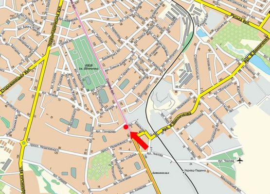 Схема рекламной плоскости по адресу Главная ул., 124 / Гончарова ул., возле фабрики "Импульс", в центр