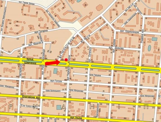 Схема рекламной плоскости по адресу Шевченко бул. / Криваливская ул. (бывш. Парижской Коммуны ул.), возле супермаркета "АТБ"