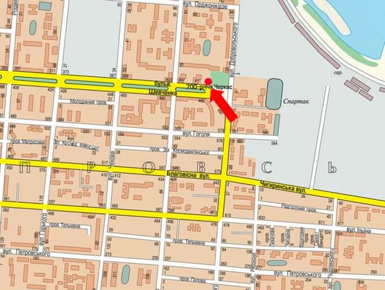 Схема рекламной плоскости по адресу Шевченко бул. / 700-летия Черкасс пл., возле ресторана "Папа Карло", в центр