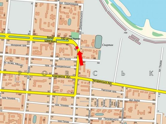 Схема рекламної площини за адресою Шевченко бул. / Добровольского ул., напротив 700-летия Черкасс пл., супермаркета "Сильпо", в центр Схема рекламної площини за адресою Шевченко бул. / Добровольского ул., напротив 700-летия Черкасс пл., супермаркета "Сильпо", в центр