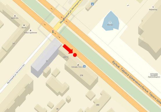 Схема рекламної площини за адресою Шевченко бул., 276, напротив ДК "Дружбы Народов", из центра