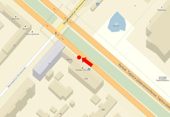 Схема рекламной плоскости по адресу Шевченко бул., 276, напротив ДК "Дружбы Народов", в центр