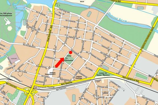 Схема рекламної площини за адресою Проскуровская ул. / ул. Грушевского, возле парка им. Т. Шевченко, кафе "Кофеман"