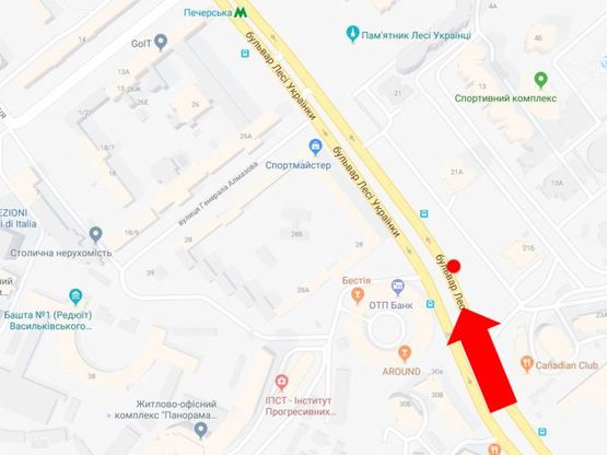 Схема рекламной плоскости по адресу Украинки бул., 21А - 21Б, в сторону ст. м. "Печерская"