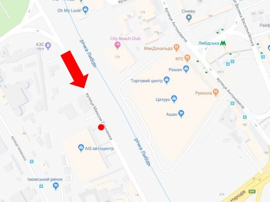 Схема рекламної площини за адресою Гринченко ул., 18, возле автосалонов, напротив ТРЦ "Ocean Plaza", в сторону ул. Саперно-Слободской