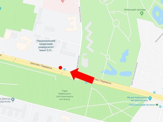 Схема рекламной плоскости по адресу Победы пр., 34, напротив Медуниверситета им. Богомольца, в сторону ст. м. «Шулявская», из центра