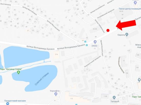 Схема рекламной плоскости по адресу Брожко ул. (бывш. Кировоградская ул.), 38, напротив заправки "Окко", в сторону пр. Лобановского (бывш. Краснозвездный пр.)