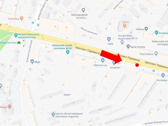 Схема рекламної площини за адресою Победы пр., 21, возле магазинов "Интертоп", "Carlo Pazolini", "Adidas", в центр Схема рекламної площини за адресою Победы пр., 21, возле магазинов "Интертоп", "Carlo Pazolini", "Adidas", в центр