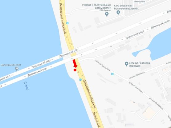 Схема рекламной плоскости по адресу Днепровская набережная / ул. Причальная, возле жд моста, на светофоре, в сторону ул. Здолбуновской, пр. Бажана