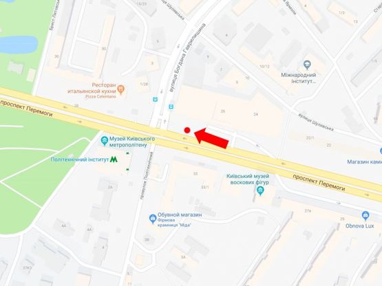 Схема рекламной плоскости по адресу Победы пр., 26, напротив ст.м. "Политехнический институт", возле ТРЦ "Smart Plaza", супермаркета "Сильпо", из центра