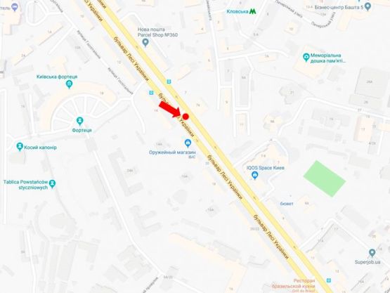 Схема рекламної площини за адресою Украинки бул., 7а, на светофоре, в сторону пл. Л. Украинки