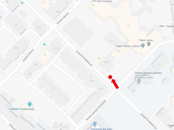 Схема рекламної площини за адресою Почайнинская ул. - ул. Сковороды, возле БЦ Podil Plaza, в сторону Нижнего вала