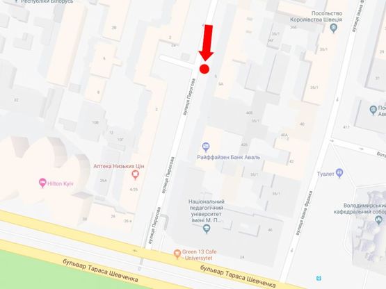 Схема рекламної площини за адресою Пирогова ул., 5а, возле банка "Аваль" в сторону ст.м. "Университет", бул. Шевченко