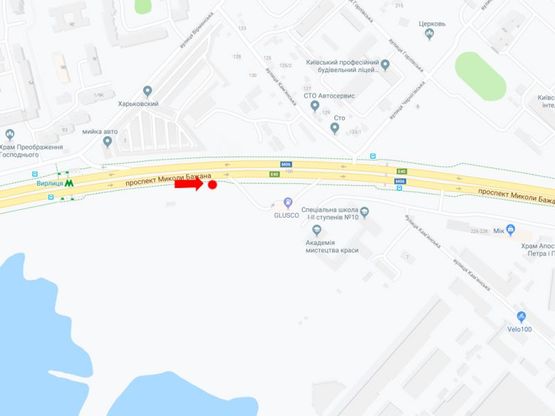 Схема рекламної площини за адресою Бажана пр., возле ст.м. "Вырлица", АЗС "Glusco", в сторону Харьковской пл, аэропорта "Борисполь"