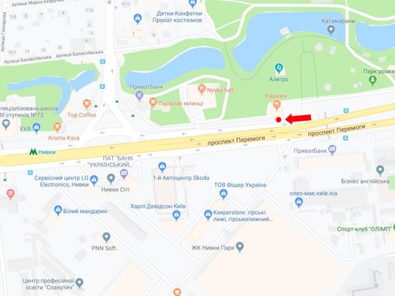 Схема рекламной плоскости по адресу Победы пр., 84, возле ресторана "Евразия", ст. м. "Нивки", из центра