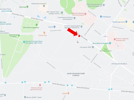 Схема рекламной плоскости по адресу Ильенко ул. (бывш. Мельникова ул.), 83д - ул. Ромоданова, напротив КИМО, в сторону ст. м. "Лукьяновская", центра