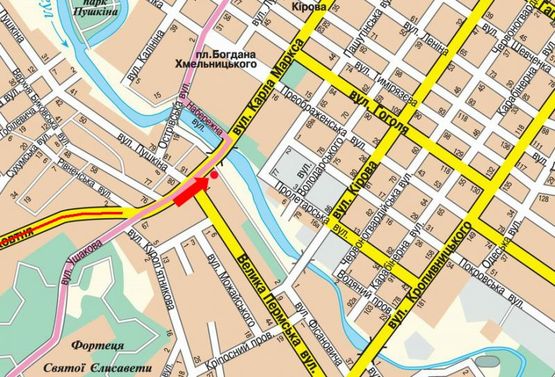 Схема рекламної площини за адресою Соборная ул. (бывш. 50-летия Октября ул.) / Б. Перспективная ул. (бывш. Маркса ул.), возле моста через р. Ингул, в центр