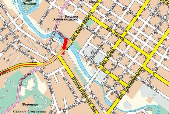 Схема рекламної площини за адресою Соборная ул. (бывш. 50-летия Октября ул.) / Б. Перспективная ул. (бывш. Маркса ул.), возле моста через р. Ингул, из центра