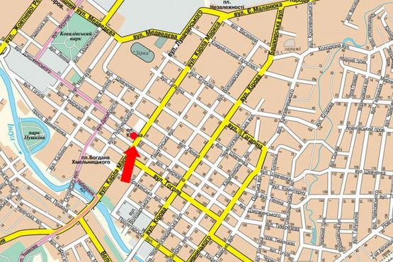 Схема рекламної площини за адресою Б. Перспективная ул. (бывш. Маркса ул.) / Чмиленко ул. (бывш. Дзержинского ул.), возле ТЦ "Барва"