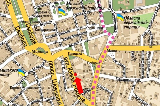 Схема рекламної площини за адресою Князя Романа ул., 26, напротив гостиницы "Swiss" Схема рекламної площини за адресою Князя Романа ул., 26, напротив гостиницы "Swiss"