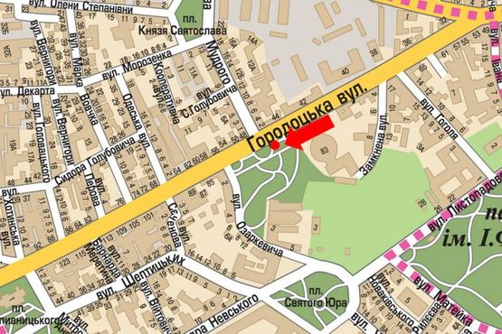 Схема рекламної площини за адресою Городоцкая ул. / Ярослава Мудрого ул., из центра