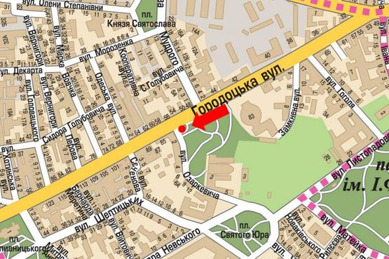 Схема рекламної площини за адресою Городоцкая ул., 52 / Озаркевича ул., из центра Схема рекламної площини за адресою Городоцкая ул., 52 / Озаркевича ул., из центра