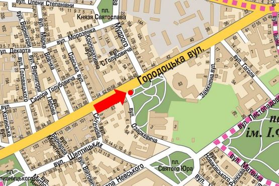 Схема рекламної площини за адресою Городоцкая ул., 52 / Озаркевича ул., в центр Схема рекламної площини за адресою Городоцкая ул., 52 / Озаркевича ул., в центр