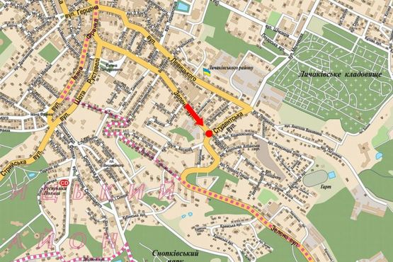 Схема рекламної площини за адресою Зеленая ул., 72 / Студенческая ул., из центра