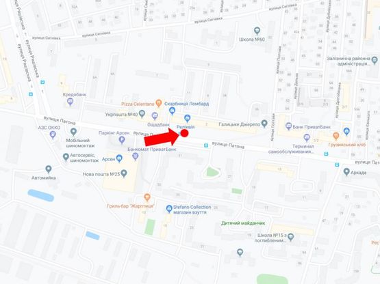 Схема рекламної площини за адресою Патона ул. 2 (ост. "Патона"), напротив супермаркетов "Арсен", "Фокстрот", в сторону ул. Виговского