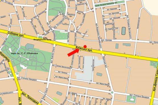 Схема рекламной плоскости по адресу Киевская ул., 6, возле Ощадбанка, напротив автосалона "Citroen"