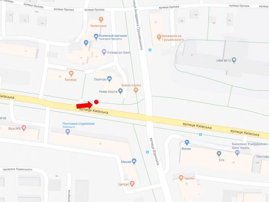 Схема рекламной плоскости по адресу Киевская ул., остановка "Школа №12", возле ОЦ "Политон", из центра, B1