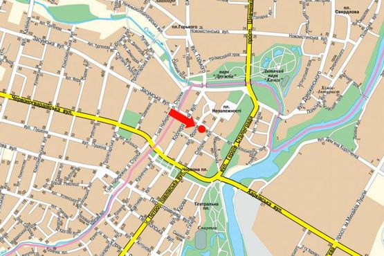 Схема рекламної площини за адресою 9-го Мая пер. / Воскресенская ул. (бывш. Фрунзе ул.), напротив Укрсиббанка