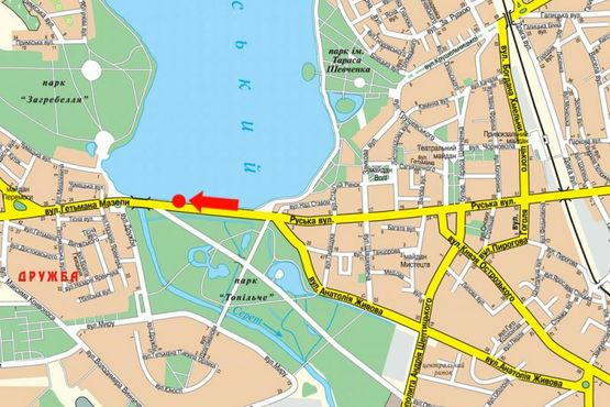 Схема рекламной плоскости по адресу Русская ул., возле парка "Топильче", дамба, из центра