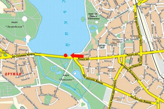 Схема рекламної площини за адресою Русская ул., возле парка "Топильче", дамба, из центра