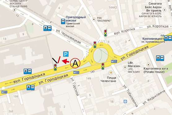 Схема рекламной плоскости по адресу Городоцька  К9 (  напроти привокзального ринку, до приміського вокзалу)