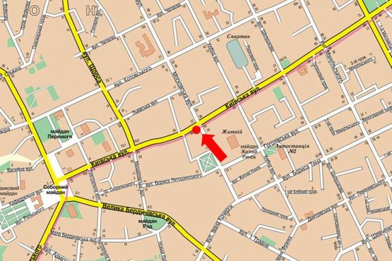 Схема рекламной плоскости по адресу Небесной сотни ул. (бывш. ул. Московская) / ул. Киевская, возле ЦУМа, на светофоре