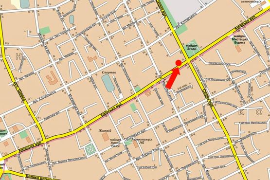 Схема рекламної площини за адресою Киевская ул., 75, возле "Центра переводов", ломбарда "Благо"