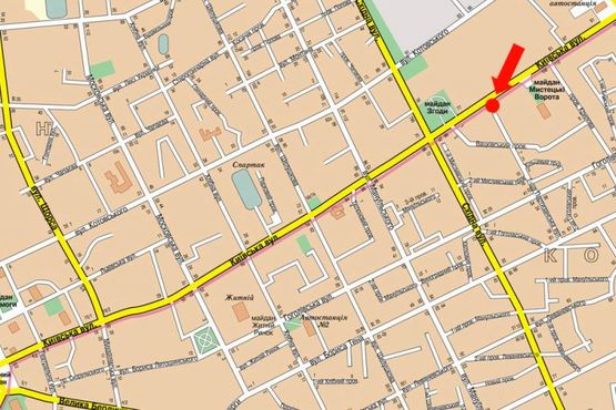 Схема рекламной плоскости по адресу Киевская ул., 100, напротив напротив ТРЦ "Глобал", супермаркетов Фокстрот, Эльдорадо, Комфи, Караван