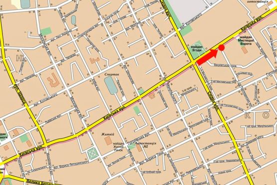 Схема рекламної площини за адресою Киевская ул., 100, напротив напротив ТРЦ "Глобал", супермаркетов Фокстрот, Эльдорадо, Комфи, Караван