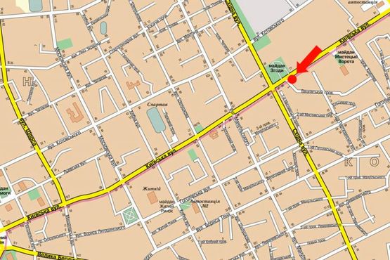 Схема рекламної площини за адресою Киевская ул., 100, напротив напротив ТРЦ "Глобал", супермаркетов Фокстрот, Эльдорадо, Комфи, Караван