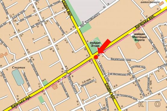 Схема рекламної площини за адресою Киевская ул., 98 / ул. Восточная, напротив ТЦ "Ярмарок", супермаркета "Эльдорадо", на светофоре