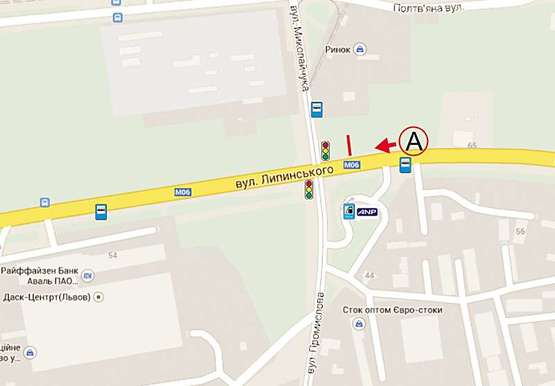 Схема рекламной плоскости по адресу Липинського - Промислова (в центр А) Схема рекламной плоскости по адресу Липинського - Промислова (в центр А)