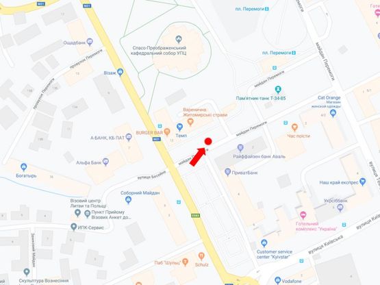 Схема рекламної площини за адресою Победы пл., 1/12, возле магазина "ТЕМП", остановка "пл. Победы", центр